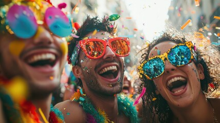 Friends smiling with confetti at carnival