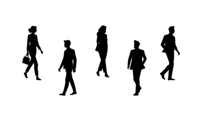Businesspeople casually walk side view. Silhouettes of different styles of casual walking side views, male and female.