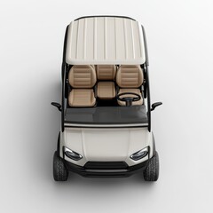 Modern golf cart design with tan seats and white top viewed from above