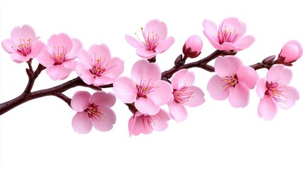 A watercolor painting of pink cherry blossoms on delicate branches, isolated on white background