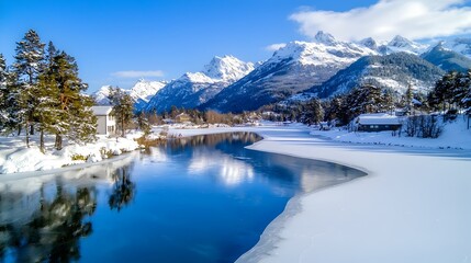 Breathtaking scene of serene ice skating on a frozen lake with snow capped mountains and a forest of evergreen trees in the background creating a picturesque winter wonderland