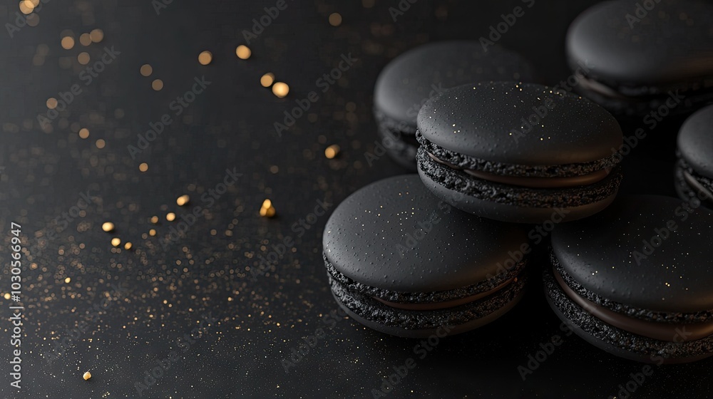 Wall mural Black macarons with decadent chocolate filling, set on a black background with subtle golden sparkles for a high-end pastry mockup.