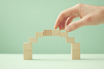 A hand is holding wooden blocks that are stacked to form a bridge