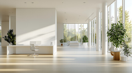 A wide, open white office space