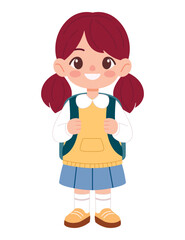 Little schoolgirl with backpack isolated on white background. Flat vector illustration. Education theme