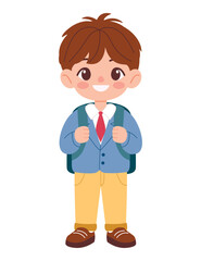 Little schoolboy with backpack isolated on white background. Flat vector illustration. Education theme