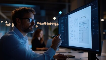 A focused manager reviews project timelines on a large screen in a modern office setting. The atmosphere promotes collaboration and strategic planning.
