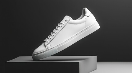 A sleek white sneaker displayed in a minimalist setting against a dark background, emphasizing its modern design and clean lines.