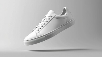 A floating white sneaker showcases minimalistic design, highlighting clean lines and a modern aesthetic against a simple grey backdrop. Ideal for product display.