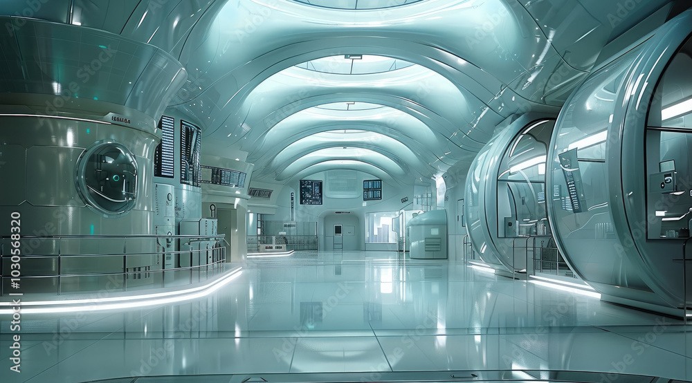 Poster mix of hyper futuristic architecture interior, focus on science and laboratory.