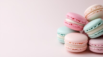 Fototapeta premium This high-fidelity image features a colorful arrangement of pastel macarons on a clean background, showcasing their delicate textures and appealing design. Perfect for food-related themes.