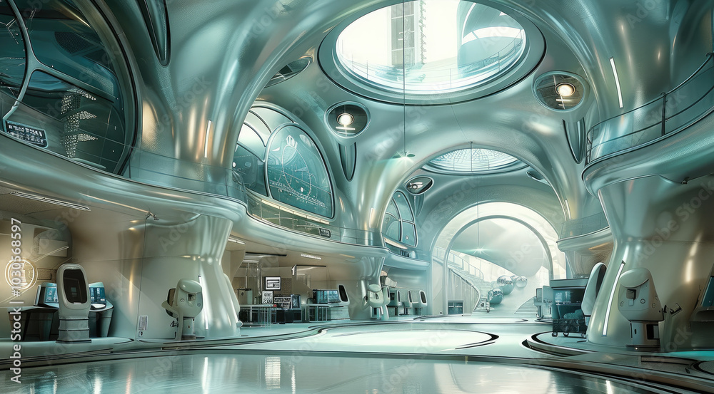 Poster Mix of hyper futuristic architecture interior, focus on science and laboratory.