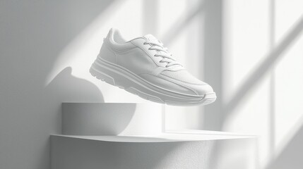A stylish white athletic shoe is showcased on a minimalist pedestal, illuminated by soft light, perfect for a modern presentation.