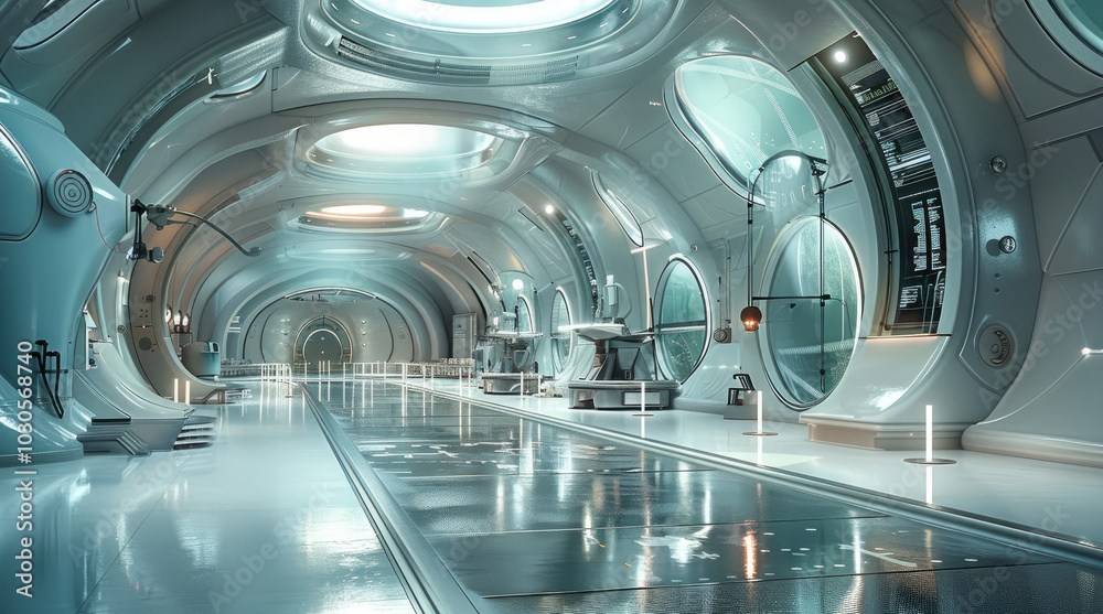 Poster mix of hyper futuristic architecture interior, focus on science and laboratory.