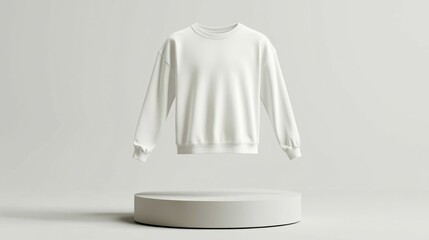 A realistic and editable mockup of a white sweatshirt displayed on a round pedestal against a minimalist background. Perfect for branding.