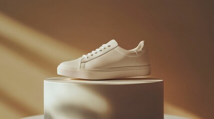 A pair of modern, stylish white sneakers displayed on a pedestal with dramatic lighting, showcasing their elegant design and smooth texture. Ideal for lifestyle branding.
