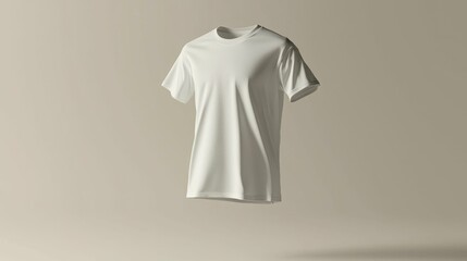 A realistic 3D rendering of a white t-shirt suspended in the air against a neutral background, showcasing its design and potential use in product displays.
