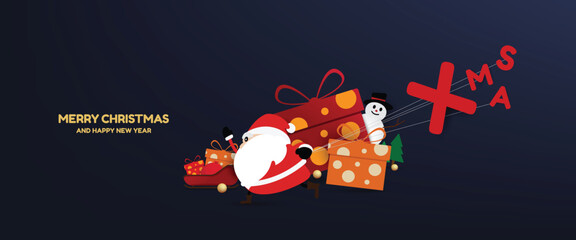 Naklejka premium Festive Christmas greeting card design featuring Santa Claus, gift boxes, and a holiday message. Perfect for seasonal banners and online marketing during the Christmas and New Year celebrations.