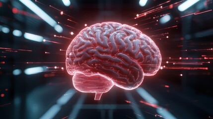 This conceptual artwork showcases a vibrant human brain surrounded by dynamic light and effects, representing ideas of cognition and innovation. Ideal for technology and science themes.