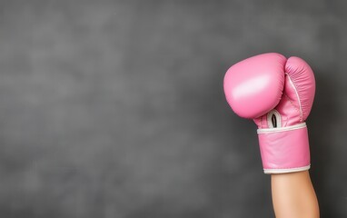 Breast Cancer Awareness Pink boxing glove raised against a dark background, symbolizing strength and determination.