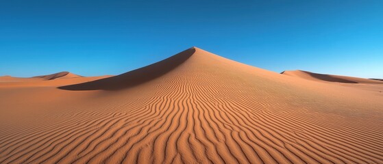 Explore the beauty of vast coral sand dunes under a clear blue sky. This tranquil desert landscape captures the essence of solitude and natural serenity.