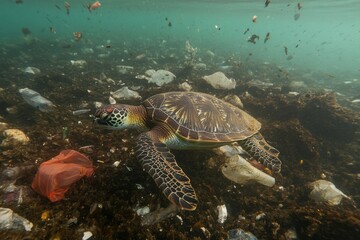 A turtle swimming through polluted ocean waters, surrounded by plastic bags and bottles