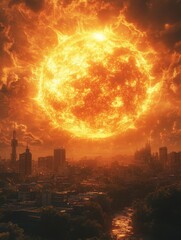 An Apocalyptic Cityscape with a Giant Sun