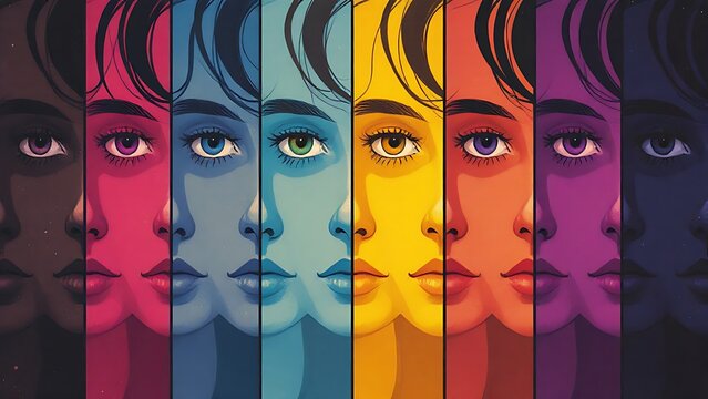 a digital illustration featuring a gradient of colors transitioning from pink to blue with silhouettes of wavy lines and a partial profile of a person&rsquo;s face on the right side