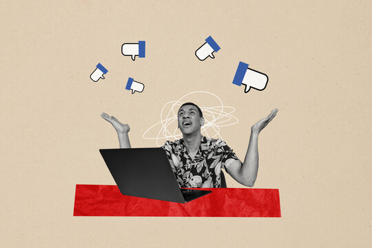 Composite photo collage of upset american man unpopular dislike thumbs down social media cyberbullying isolated on painted background - Powered by Adobe