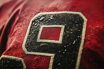 Close-up view of a weathered sports jersey number during a practice session on a sunny afternoon. Generative AI