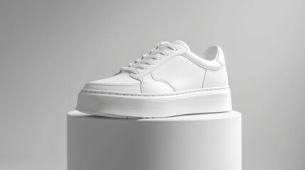 A stylish white sneaker displayed on a pedestal against a neutral background, showcasing its design and features for branding purposes.