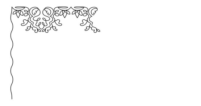 Lace frame, border with an ornate pattern, drawn in one continuous line in minimalism, online artistic animation, continuous movement of the outline of the drawing, video linear drawing in 4k format