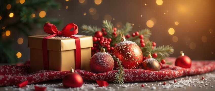 Geschenk beige, Schleife rot, Weihnachtskugeln, Tannenzweige, Schnee k&uuml;nstlich, Kerzenlicht, stimmungsvolle Szene, Lichterkette Bokeh, festliche Stimmung, Geschenkbox, Feierlich, Weihnachten, Christba
