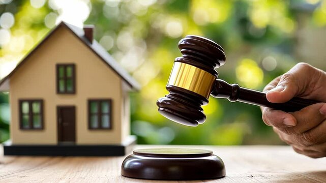 Auction and real estate concept. Hand slowly knocking judge gavel next to house model on green nature background. Foreclosure, bankruptcy, inability to pay the mortgage concept