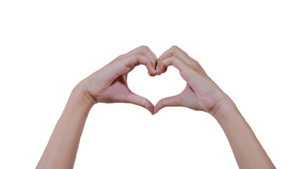 Obraz premium Hands, closeup and person in studio with heart sign, gesture or symbol isolated on white background with clipping path.