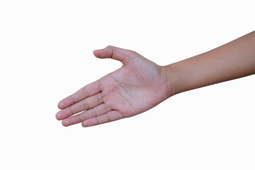 woman hands extended forward to shake hands or grab something on white background business concept.