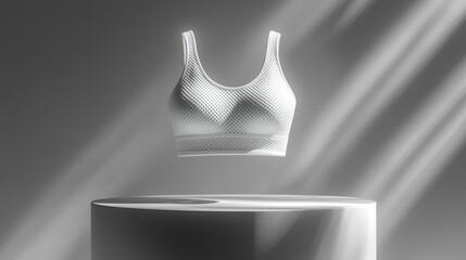 A sleek white sports bra displayed in an artistic setting, emphasizing modern design and functionality. Ideal for activewear branding, showcasing style and comfort.