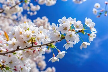 Obraz premium High angle view of white cherry blossoms against deep blue sky in springtime