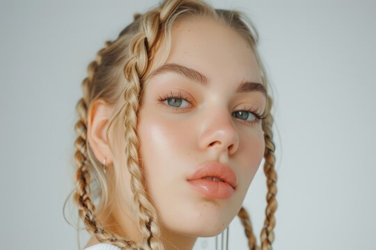 European young woman with blonde braids hair portrait fashion skin.