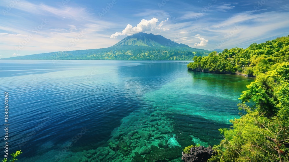 Sticker Tranquil Blue Lagoon with Lush Mountain