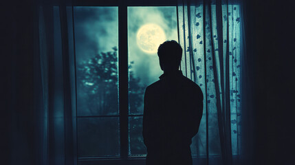 Fototapeta premium A man is standing in front of a window looking out at the moon
