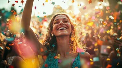 Obraz premium Woman laughing with confetti at carnival