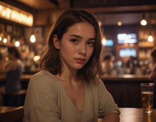 there is a woman sitting at a table with a glass of beer.