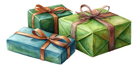 High angle watercolor painting of blue and green presents with brown ribbons wrapped beautifully