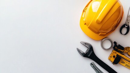 Fototapeta premium Several construction tools with various uses on a white background are neatly arranged as seen from above, showing carpentry creativity