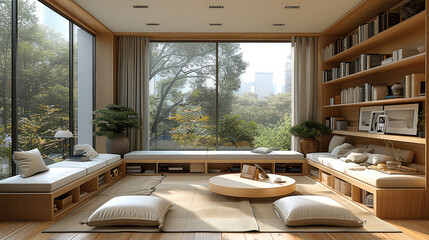 Interior design, multipurpose room, modern minimalist style, white tone, natural wood, cream, and almond, tatami mats, wardrobe, bookshelf and window seat desk integrated.