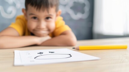 Naklejka premium Smiling child with pencil drawing on paper in classroom setting