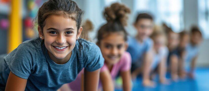 Smiling girl at the front of a line of kids doing exercise in a gym.