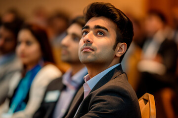 Naklejka premium handsome indian man in a suit sitting in the audience at the business convention