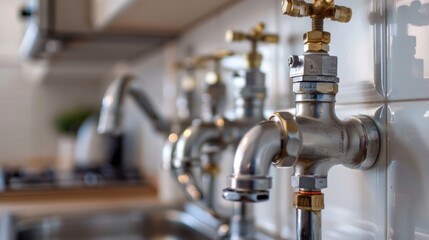 Close up of Modern Chrome Faucets in a Kitchen